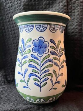 Hand-Painted Ceramic Vase in Leafy Blue and Green Pattern 8”